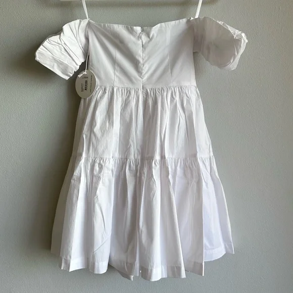Staud Mini Elio Dress in White / Off The Shoulder Prairie Dress w/ Puffy Sleeves - Picture 6 of 13